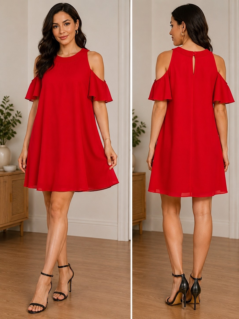 Zara Red Cold Shoulder Swing Dress
